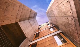 salk institute with concrete and teak wood restored